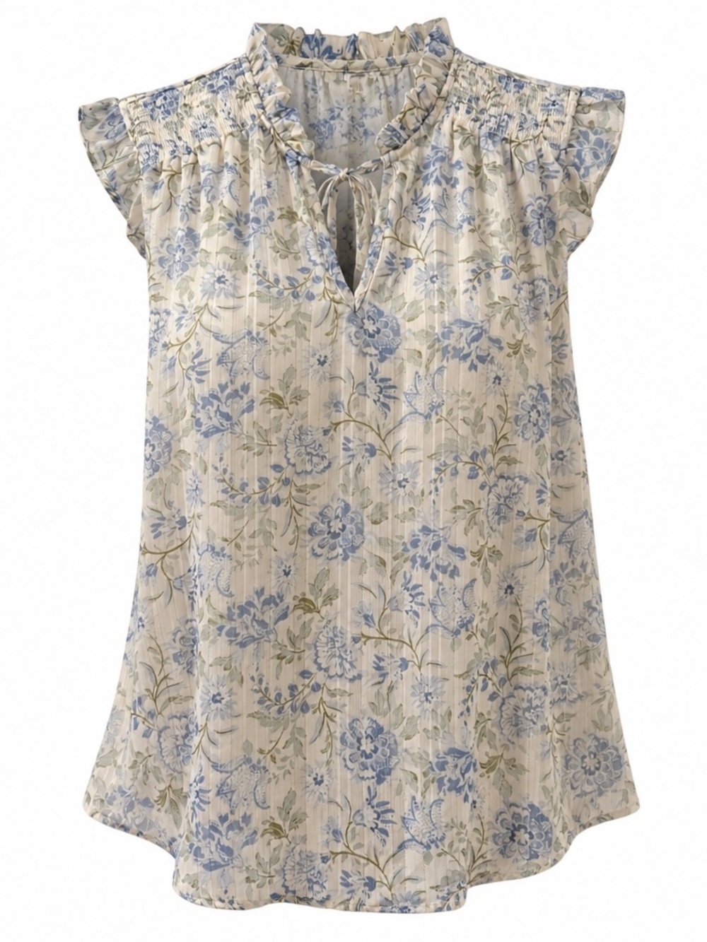 Cream and Blue Floral Ruffle Tie-Neck Blouse